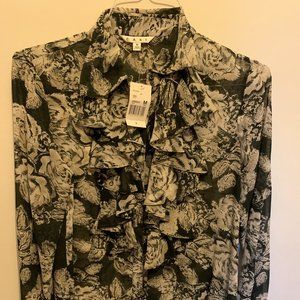 NWT Long-sleeved button-up, front ruffle blouse - black w/gray floral print (M)